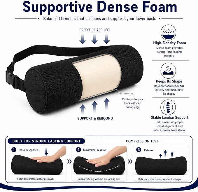 Lumbar Roll Support Pillow for Office Chair & Car 15 Inch | Lumbar Roll with Adjustable Strap, Back Support Pillow for Office Chair, Car for Relieving Back Pain & Posture Correction