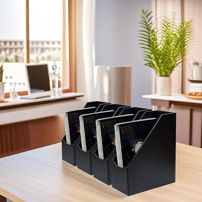 UnionBasic Magazine File Holder, Leatherette Desktop Document Organizer, Home Office Paper Holder File Storage Literature Sorter, Black, Set of 4