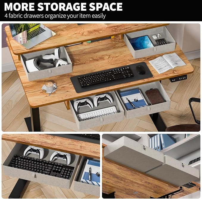 Kingant Electric Standing Desk with 4 Drawers,USB Charging Ports 48"x 30" | Ergonomic Height Adjustable Large Workstation, Heavy-Duty Sit Stand Up Desk For Home Office Daily Work,Light Rustic Brown