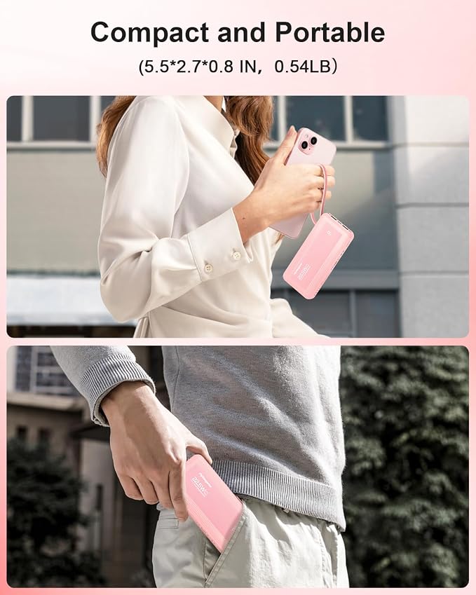 Portable Charger with Built in Cables, Slim 10000mAh Fast Charging 22.5W Power Bank USB C LED Display Battery Pack 6 Outputs & 2 Inputs for iPhone Samsung Pixel LG Moto iPad