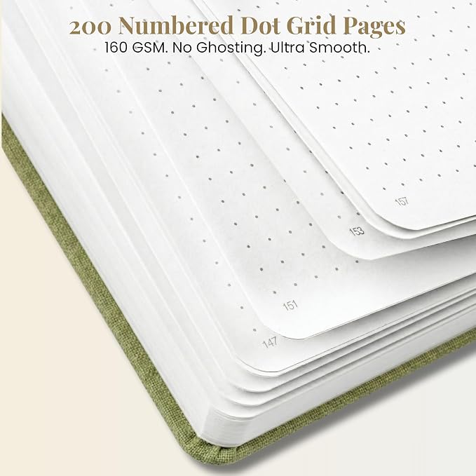 VIVID SCRIBBLES A5 Bullet Dotted Journal – 160GSM Bleed-Proof Dot Grid Notebook with 200 Numbered Pages, Lay-Flat Hardcover, Pen Loop & Expandable Pocket, Sage Green