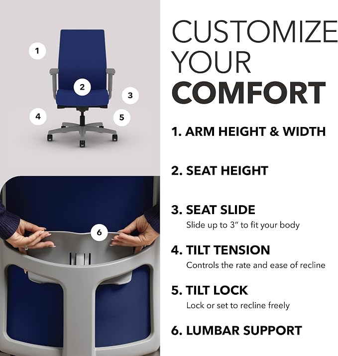 HON Ignition 2.0 Mid‑Back Ergonomic Office Chair, Mesh Task Seating with Lumbar Support, Advanced Synchro‑Tilt, Height and Width Adjustable Arms, Titanium Frame, Cobalt