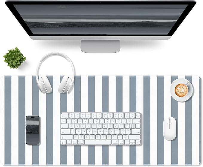 Gray Desk Pad, PU Leather Desk Mat, XXL Extended Mouse Pad Waterproof Striped Desktop Blotter Protector, Non-Slip Large Laptop Keyboard Writing Mat for Office Home
