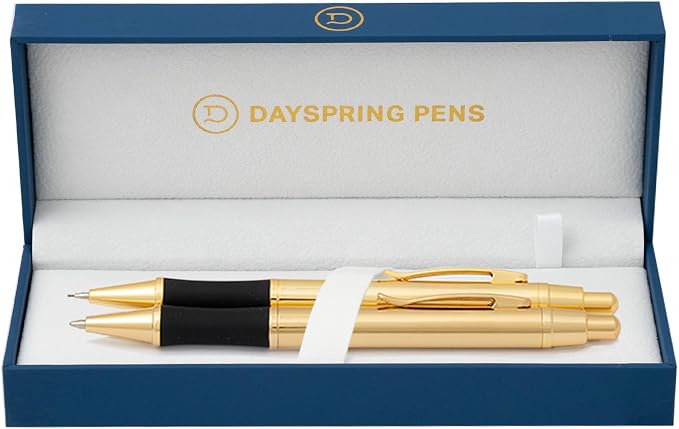 Dayspring Pens Monroe 18K Gold Ballpoint and Pencil Set, Non-Engraved, Parker G2 Compatible, Rubber Grip, Documental Black Ink, Gift for Graduation, Career Advancement, Birthdays