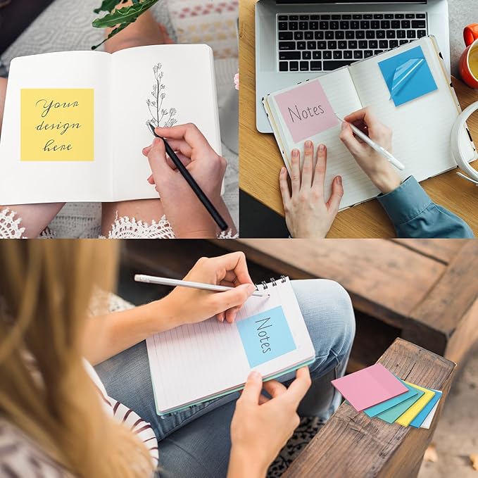 400 Sheets Transparent Sticky Notes, 3 x 3 Inch See Through Sticky Notes Multi Colors Self-Adhesive Translucent Note Clear Waterproof Stickys Note Pads for Reading Writing Office School Supply(8 Pads)