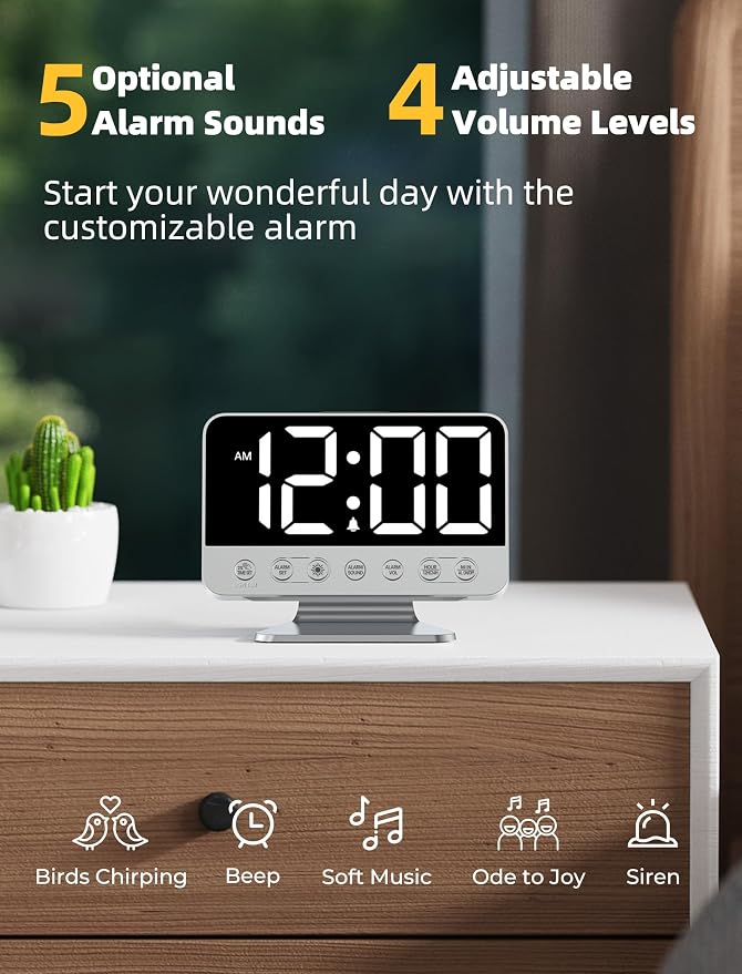 Odokee Digital Alarm Clocks for Bedrooms: Easy to Read Across The Room | Large Bold Number 5 Brightness Dimmer - 8 Night Light 5 Sound - Loud Alarm for Heavy Sleepers with Adjustable Volume - Silver