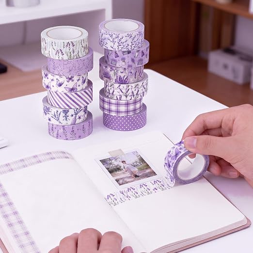 12 Rolls Watercolor Floral Washi Tape Set 15 mm Vintage Flower Decorative Masking Tape for Summer School Arts DIY Craft Scrapbook Journal Supplies Gifts(Purple,Lavender)