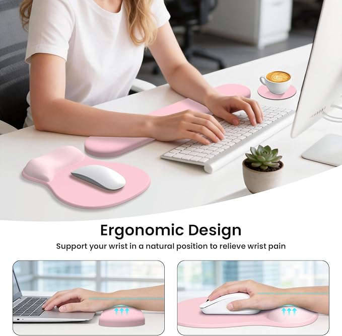 AKIT Ergonomic Mouse Pad and Keyboard Wrist Rest Set,Memory Foam,Pink | Gel Wrist Support for Typing Comfort,Non-slip Base,Fits Standard Keyboards and Mice,Reduces Fatigue During Long Work Sessions