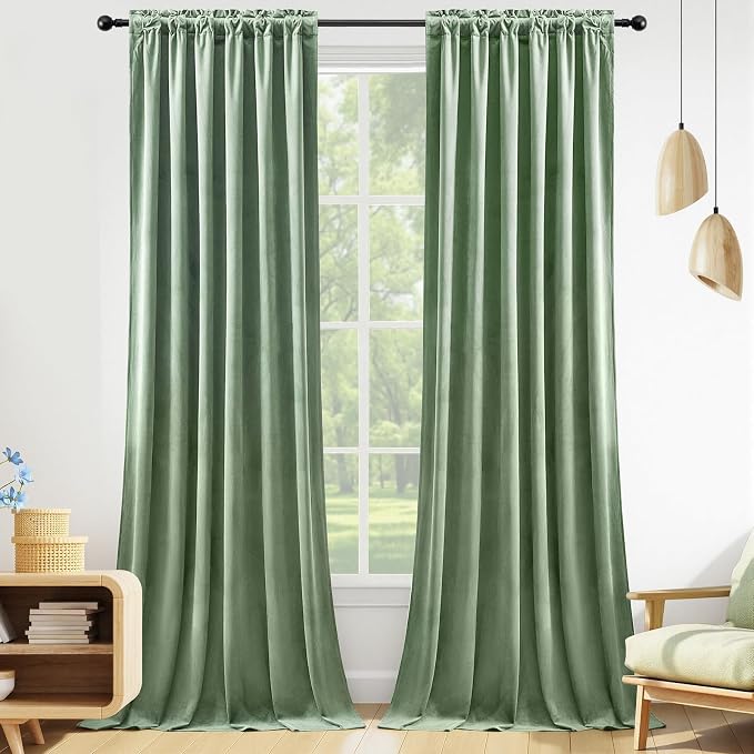 108 Inches Extra Long Sage Green Velvet Curtains for Living Room, Thermal Insulated Room Darkening Curtain Noise Reducing Privacy Drapes for Office, Back Tab Rod Pocket, W52 x L108, 2 Panels
