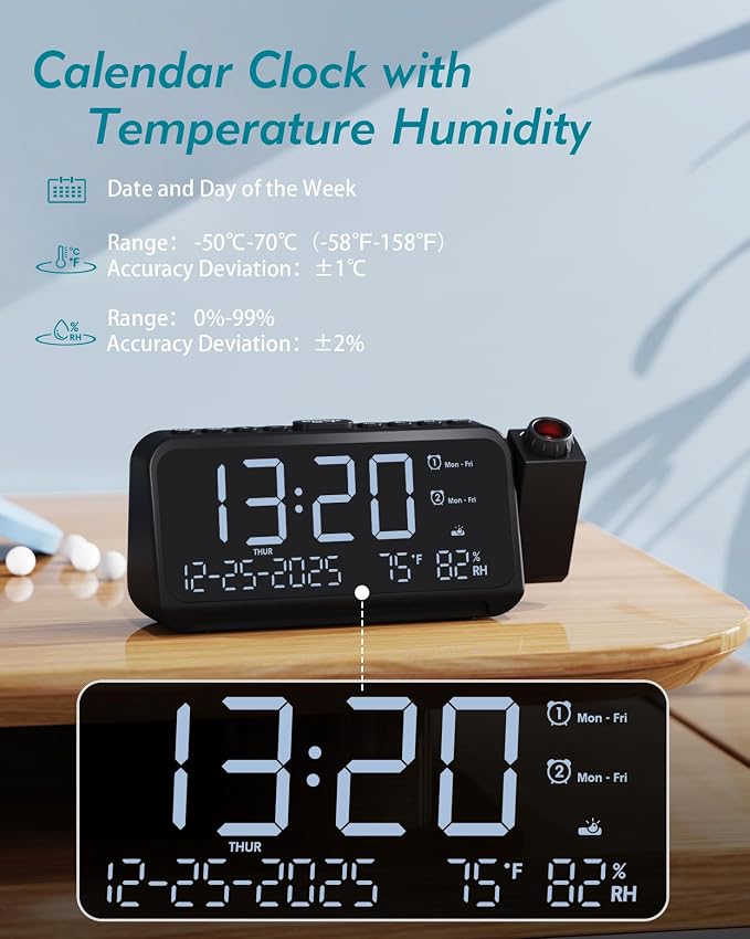 Roxicosly Projection Alarm Clock for Bedroom Ceiling, 118 dB Super Loud for Heavy Sleepers, Plug in Dual Alarm with Weekday/Weekend, 6.7" Large Digital Dimmable Display, Easy to Read