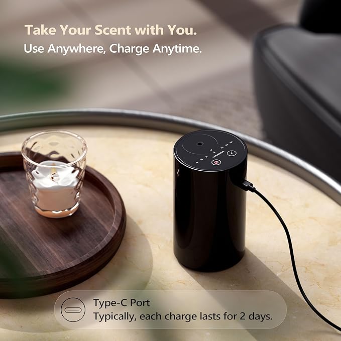 Airversa Waterless Essential Oil Diffuser Starter Kit with 4 x 10mL Hotel Scent Fragrance Oil, Battery Operated Mini Scent Air Machine Portable Diffuser for Home Car Office, AN8 Kit White