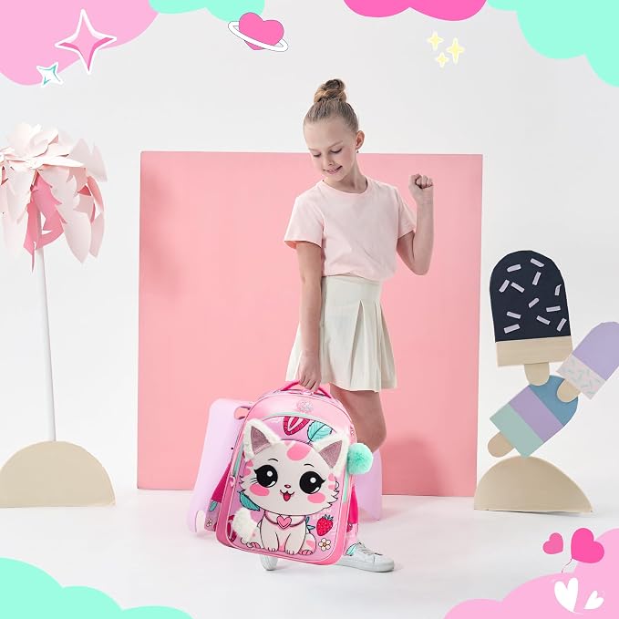 Kids Backpacks for Girls Backpack for School Cute Cat Travel Backpack for Kids with Lunch Box Kawaii Bookbag for Girls Back to School Supplies