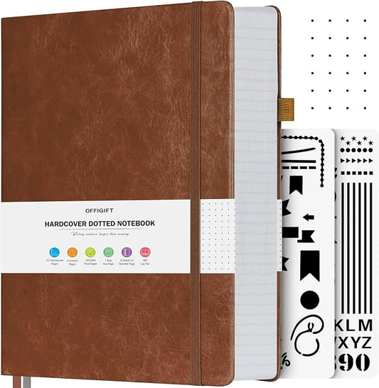 Dotted Journal Notebook, 312 Numbered Pages Large B5 Hardcover Dot Journal, 100gsm No Bleed Paper Dot Grid Notebook with Index Pages, Dotted Notebooks for Women Men, 7.6'' X 10'', Brown