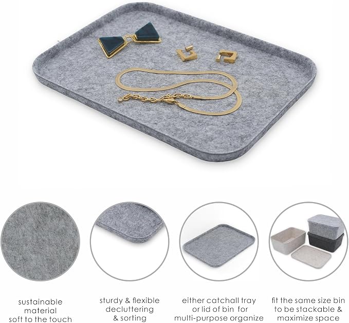 Felt tray Lid for Storage Bins Drawer Organizer bin cap of box for junk stuff stationery makeup jewelry closet bathroom minimalist lifestyle (Gray Lid, S)