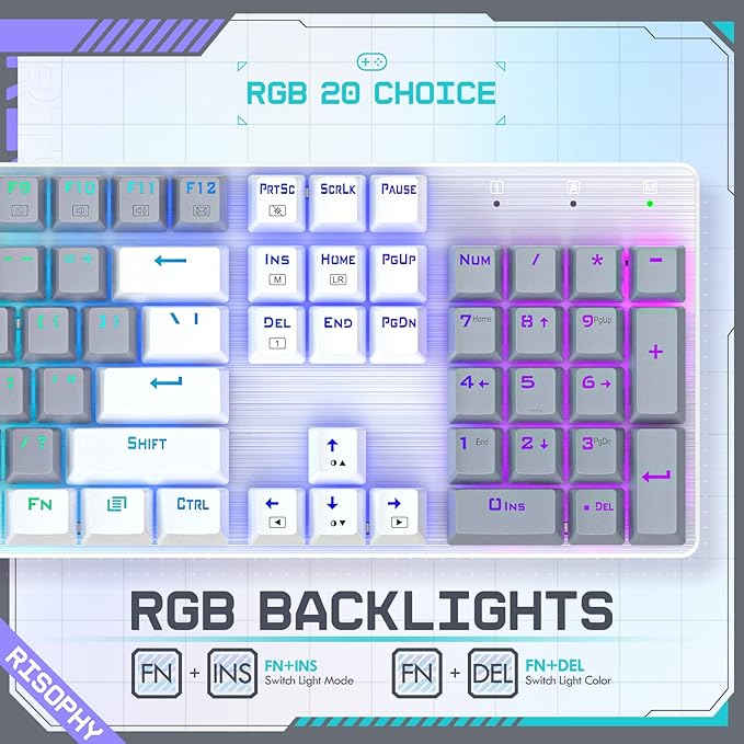 RisoPhy Wireless Mechanical Keyboard, Triple Mode 2.4G/USB-C/Bluetooth Gaming Keyboard, 104 Keys Programmable, Customize RGB Backlit, Red Switch, Bicolor PBT Keycaps, Rechargeable Wired for Laptop PC