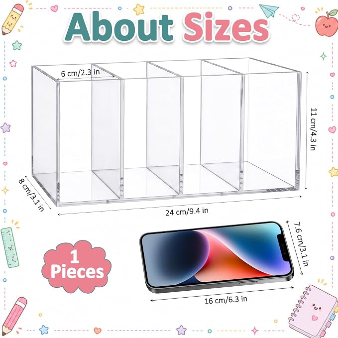 Mototo Acrylic Pen Holder Back to School 4 Compartments Pencil Organizer | Clear Pencil Cup Desktop Caddy Makeup Brush Storage Solution for Cosmetic Office Bathroom Kitchen Home Coffee Bar Container