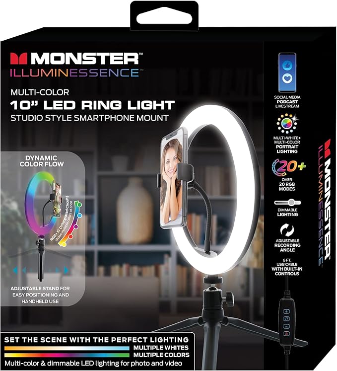 Monster 10” Multicolor LED Ring Light Smartphone Mount with Folding Tripod Stand, Multiple Brightness/Color/White Settings, Flexible Gooseneck, Ideal for Videos/Live Streaming, USB-Powered