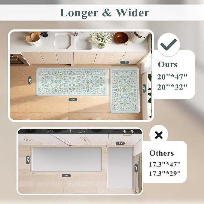 KIMODE Anti Fatigue Kitchen Mats for Floor Cushioned,Boho Floral Kitchen Rugs Sets of 2 Non Slip,Wide Memory Foam Kitchen Floor Mat for Laundry Sink Bathroom Office,Blue 20" x 47"+20" x 32"