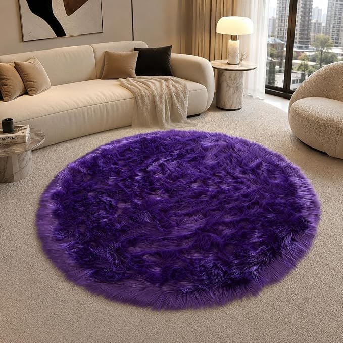 EasyJoy Faux Sheepskin Rug, Fluffy Faux Fur Rug, Ultra Soft Shag Area Rug with Non-Slip Backing for Bedroom, Living Room, Nursery, Kids Room(4 x 4 ft Round, Dark Purple)