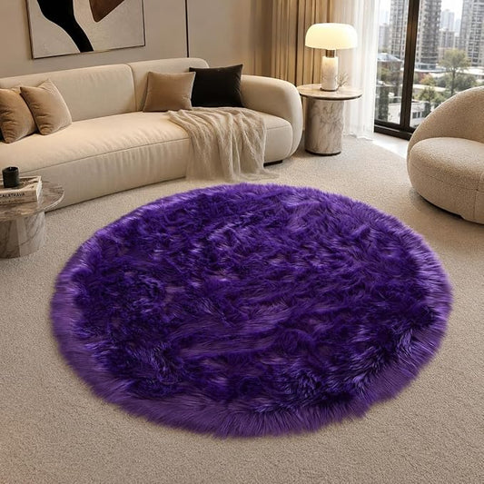 EasyJoy Faux Sheepskin Rug, Fluffy Faux Fur Rug, Ultra Soft Shag Area Rug with Non-Slip Backing for Bedroom, Living Room, Nursery, Kids Room(4 x 4 ft Round, Dark Purple)