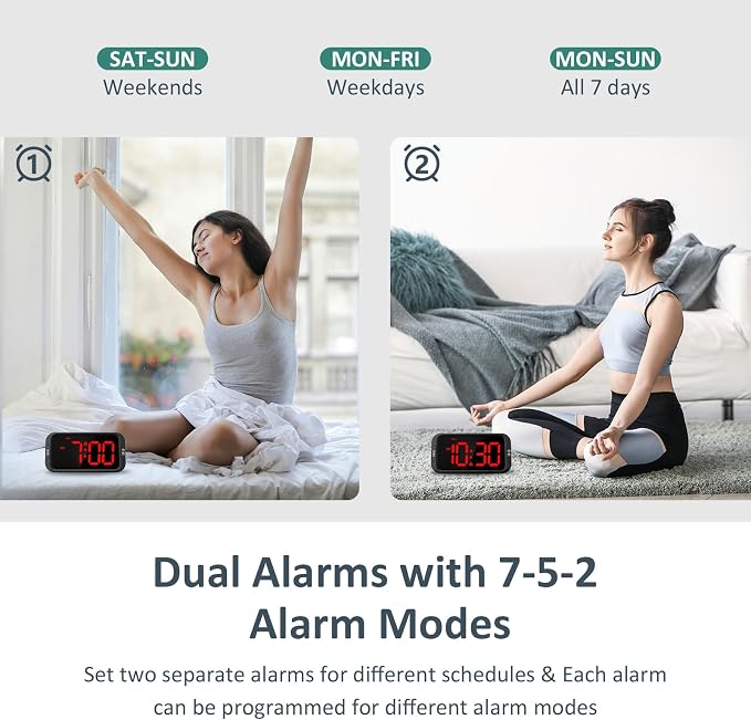 Odokee Digital Dual Alarm Clock for Bedroom with 0-100% Dimmable Display | Easy to Set Alarm Clock with Weekday/Weekend Mode - Loud Alarm for Heavy Sleepers with 5 Sounds Adjustable Volume - Red