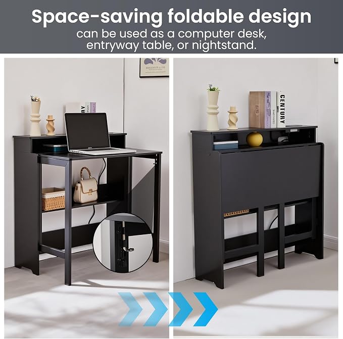 Folding Desk with Charging Station,Fold Out Desk with Monitor Stand,Storage Shelf,Small Foldable Computer Desk for Compact Home Office Spaces (Black)