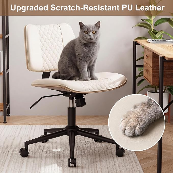 Modern Armless Office Chair with Wheels, Adjustable Swivel Desk Chair with Wide Seat and Tilt Function, Faux Leather Mid Century Task Chair for Home Office, Bedroom, Vanity, Beige