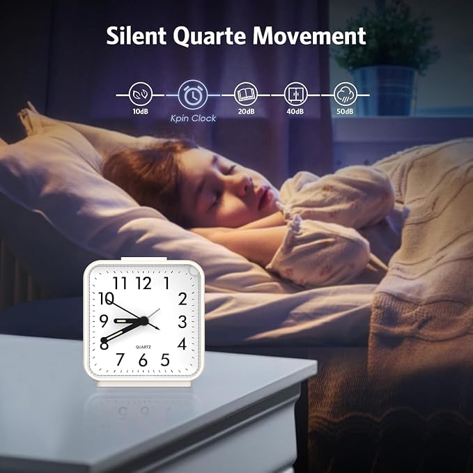 Analog Alarm Clocks, Non Ticking Table Clock with Luminous Hand & Large Display, Battery Powered Silent Bedside Alarm Clock with Night Light Function & Snooze, for Bedroom, Office (White)