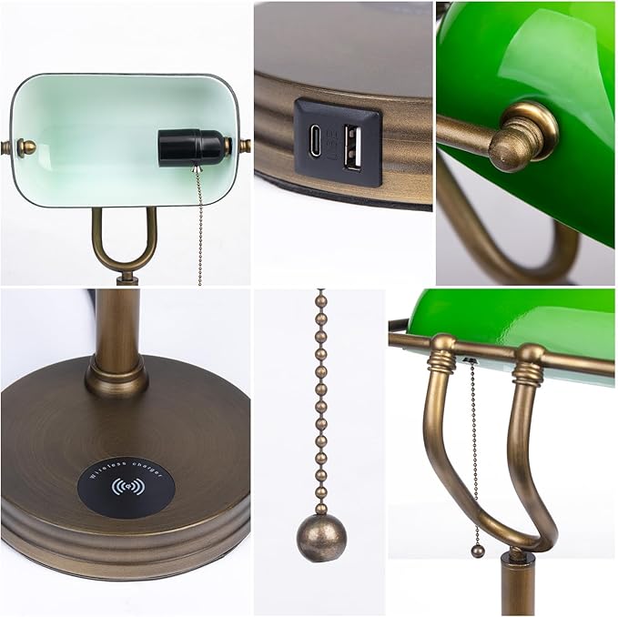 Green Glass Bankers Lamp, Retro Desk Lamp with USB Wireless Charging Port, Classic Pull Chain Switch Table lamp, for Home Office nightstand Bedside Study Desk Library