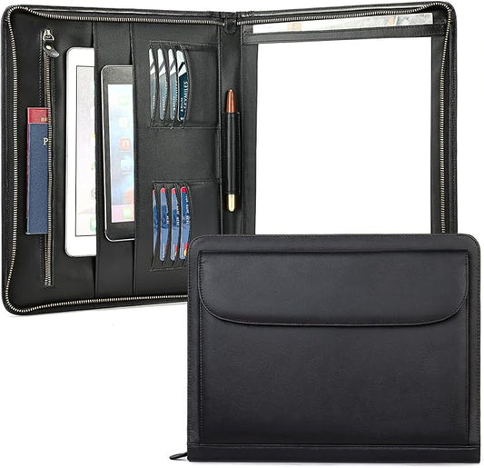 Genuine Leather Portfolio for Men Women Zipper Business Resume Padfolio Organizer Binder A4 Meeting Folder 13 inch black