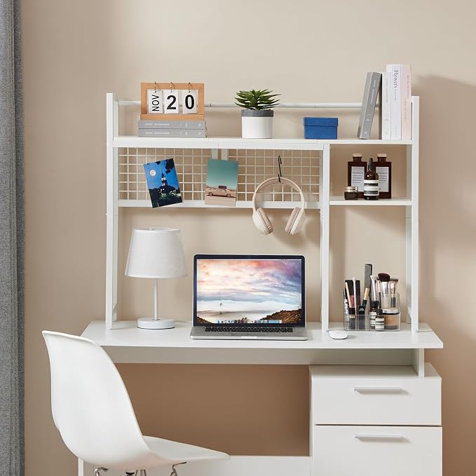 4-Tier Desk Hutch Shelf with Grid Panel, 39” Desktop Bookshelf for Monitor, Office & Home (White, 39")