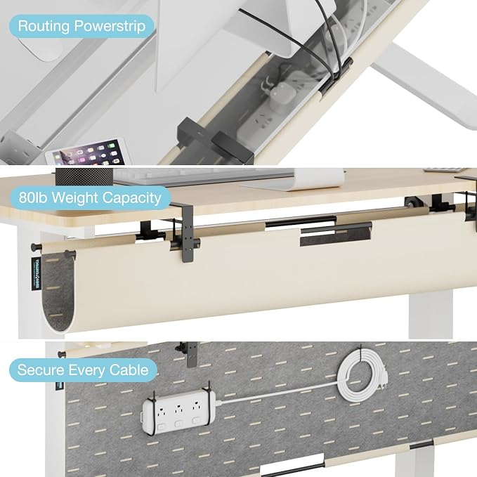 No Drill Under Desk Cable Management Tray, 45.2" Felt Cord Organizer | Clamp or Screw Mount, Converts to Privacy Panel, Pegboard Design, Wire Management for Standing Desk & Home Office
