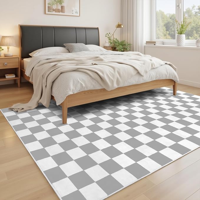 Terrug Grey and White Checkered Rug for Living Room,8x10 Area Rugs Washable with Non Slip for Bedroom,Soft Low Pile Stain Resistance Retro Carpet for Dorm Kids Room