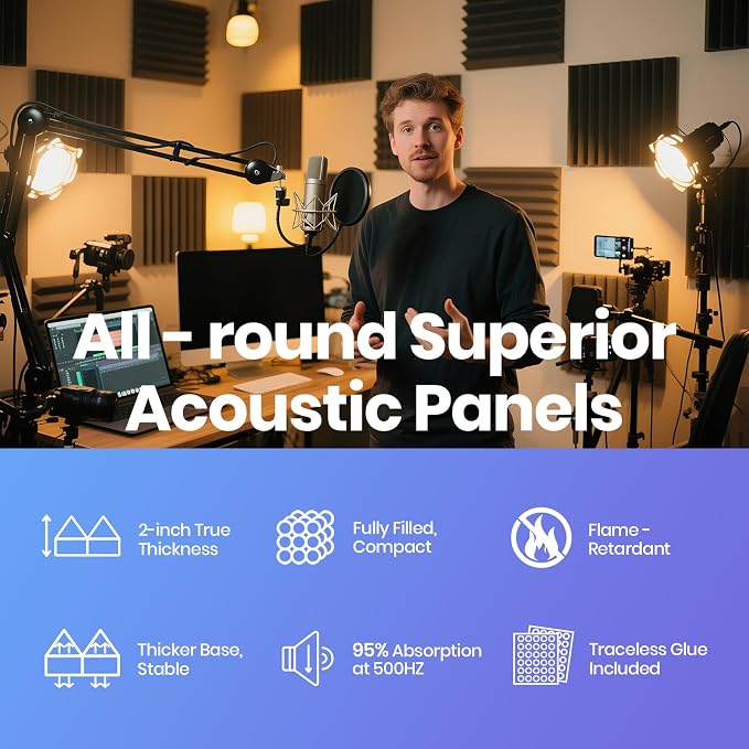 Focusound Black White Acoustic Panels 50 Pack 2"x12"x12" with 300 PCS Double-Side Adhesive - Sound Proof Pyramid Foam for Walls, Home Studio Noise Absorption & Echo Control Kit