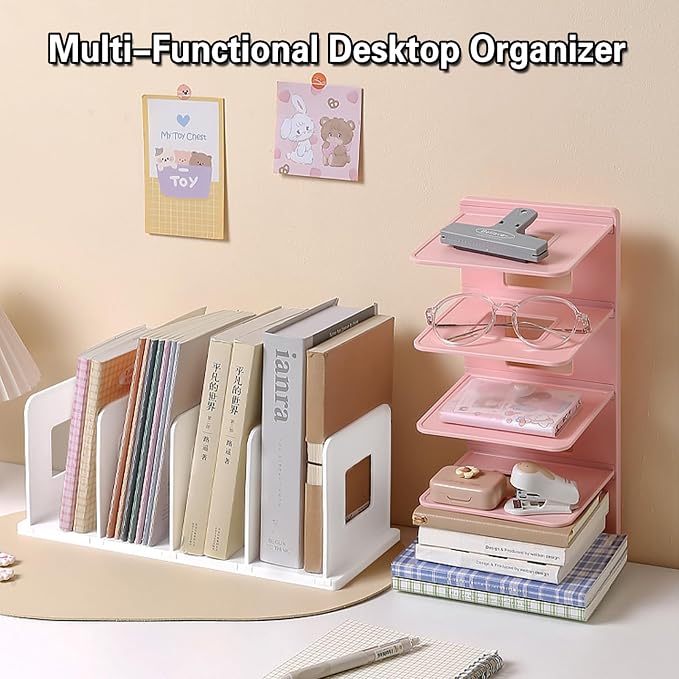 Lemical 4-Section Vertical Desk Organizer, Detachable Desktop File Sorter, Document & Magazine Holder for Office, Home, School & Dorm (Pink)