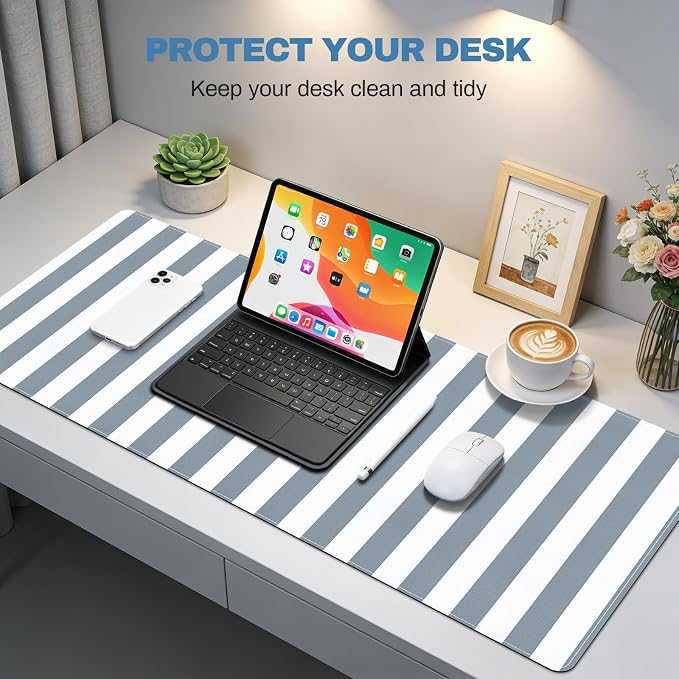 Gray Desk Pad, PU Leather Desk Mat, XXL Extended Mouse Pad Waterproof Striped Desktop Blotter Protector, Non-Slip Large Laptop Keyboard Writing Mat for Office Home