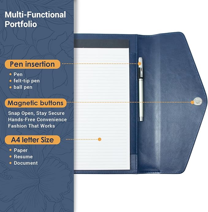 Embossed Professional Trifold Padfolio with Magnetic Closure – A4 Letter Portfolio Organizer for Business Meetings, Interviews & Presentations, Document Folder with Notepad Holder Blue