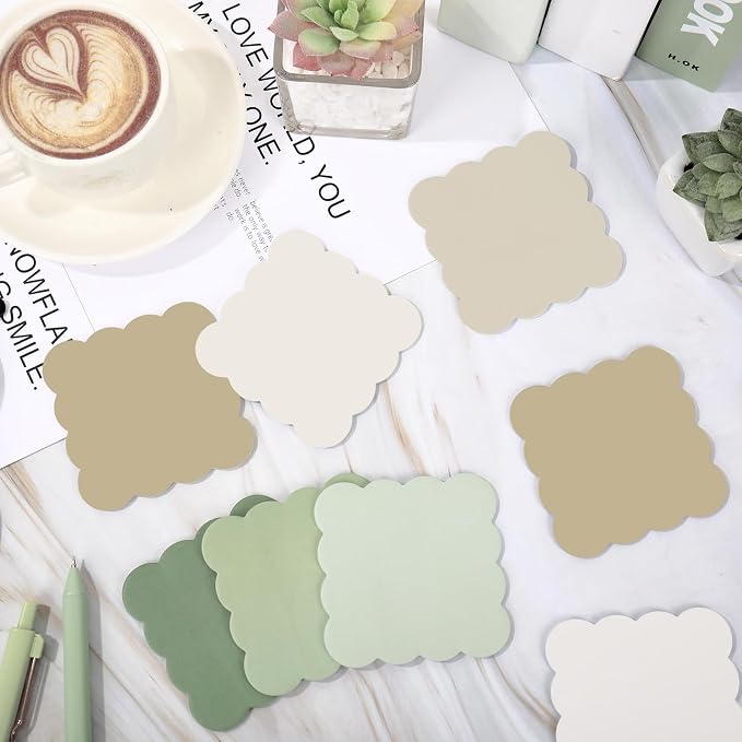 JarThenaAMCS 18 Pack Scalloped Sticky Notes Sage Green Beige Wavy Edge Memo Pads 3 Inch Self-Adhesive Notepads for School Office Home Accessories Party Decor Supplies, 360 Sheets