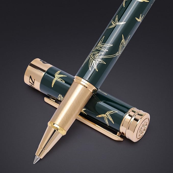 ZHKUVE Luxury Rollerball Pen,Stunning Green Lacquer with bamboo leaf patterns,Switzerland Tip with Black Ink Refills, Elegant Gift Set For Men & Women, Executive Writing, Nice Fancy