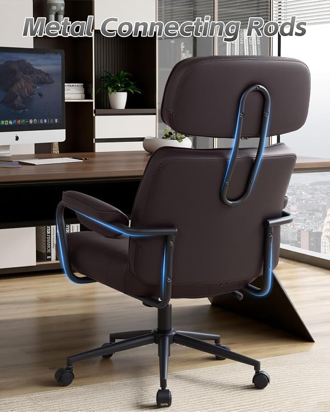 Mid Century Modern Home Office Desk Chair, Ergonomic Office Chair Big and Tall, High Back Executive Office Chair Leather Extra Wide, Computer Chair Comfy, Adjustable Height Rolling Chair, Brown 2PC