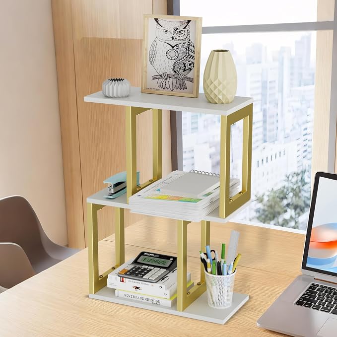 BOHDK Book Shelf, 3-Tier Small Bookshelf for Desk Organizer Corner Bookshelf Table Top Shelving, White & Gold Decor Aesthetic Desk Hutch for Office Home Dorm