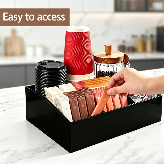 Coffee Bar Accessories, Acrylic Coffee Station Organizer Storage Box | Black Coffee Station Accessories with Removable Dividers for Pod Condiment Syrup Cup Stirrer Tea Bag, Farmhouse Table Decor