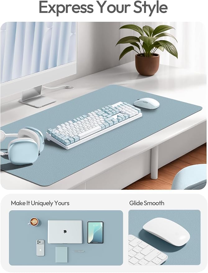 YSAGi Leather Desk Protector, Office Mat, Large Mouse Mat, Non-Slip PU Leather Blotter, Laptop Desk Pad, Waterproof Writing Pad for Office and Home (Ice Blue, 31.5" x 15.8")