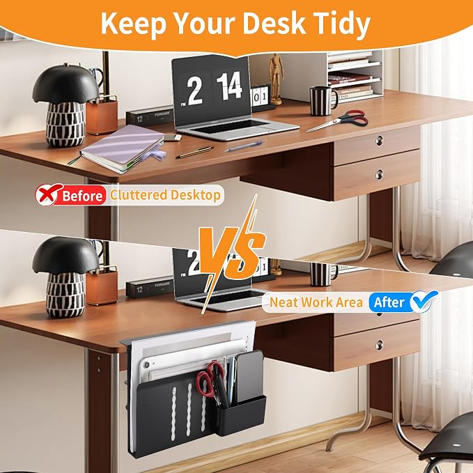Desk Side Storage with Pen Holder, No Drill Hanging Organizer | Laptop Holder Under Desk Organizer, Multi-Functional Table Side Tray, Desktop Space Saver for Office & Home