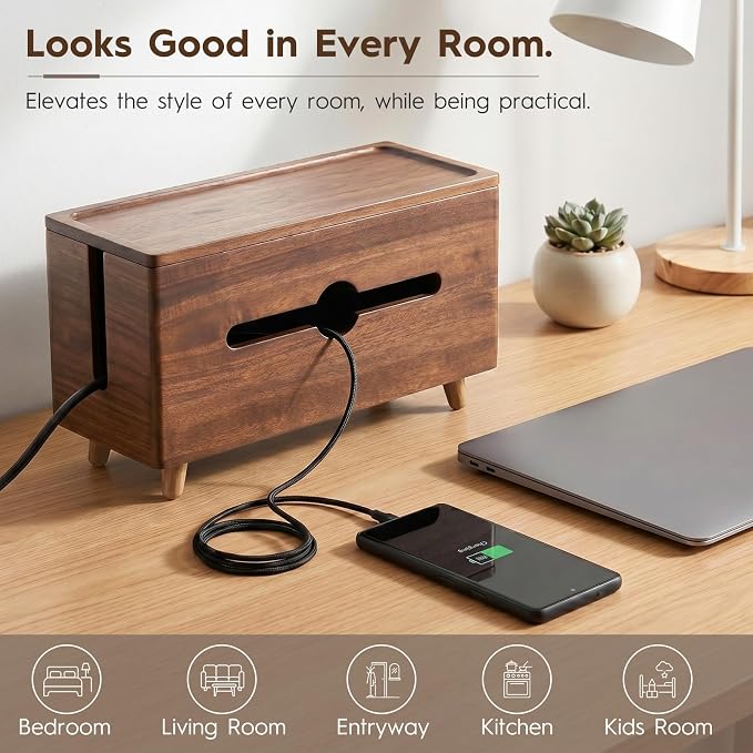 Extra Large Cable Management Box，Wood Cable Organizer Box,Power Strip Box & Organizer for Power Strip, TV Wires & Desk Cable Storage,Hide Desk Cord and Floor Cables