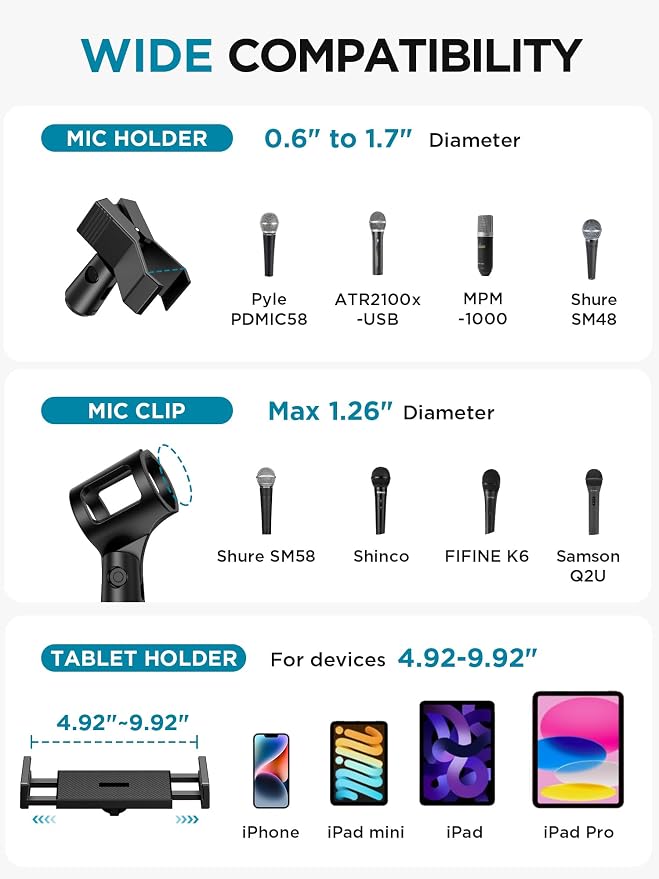 InnoGear Microphone Stand Floor, Adjustable Tripod Boom Mic Stand with Tablet Phone Holder Carrying Bag 2 Mic Clips 3/8" to 5/8" Adapter for Blue Yeti SM58 SM48 Fifine K669B, Podcast Singing Stage
