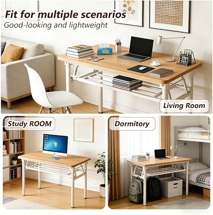 Folding Desk for Small Spaces, 39.4 Inch Foldable Computer Desk, No Assembly Required, Space Saving Portable Study Table for Compact Home Office, Bedroom, Dorm, Apartment, Teak&White