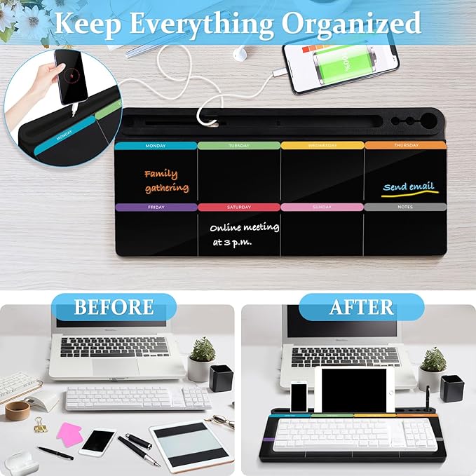 DOLLAR BOSS Glass Desk Whiteboard Calendar Small Dry Erase Board Desktop White Board with Storage Drawer Computer Keyboard Stand Desk Organizer, Colorful Weekly Calendar, Black