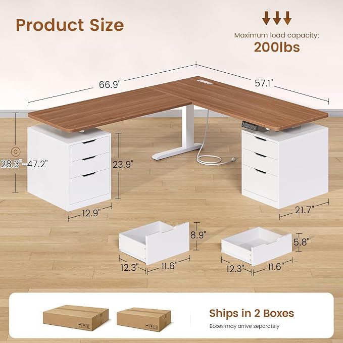 SEDETA L Shaped Electric Standing Desk with 6 Drawers, 66.9" x 57.1" Height Adjustable Stand Up Desk with Power Outlets, 3 Memory Heights, Sit Stand Computer Desk for Home Office, White + Brown