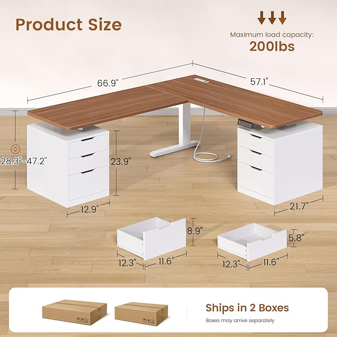 SEDETA L Shaped Electric Standing Desk, 66.9" x 57.1" Height Adjustable Corner Desk with 6 Drawers & Built-in Power Outlet, 3 Memory Presets, 200lbs Capacity, White + Brown